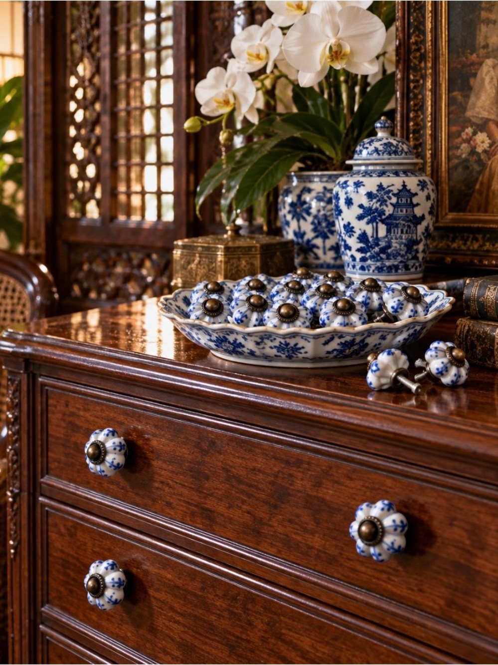 Blue White Chinoiserie Porcelain Cabinet Knobs Set of 12